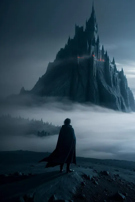 a lonely tired wizard wearing (cloak designed with glowing glifs and scripts), stands on the battle field full of spikes and smoldering coals, behind the wizard colossal magic single castle on the background emerging from fog, cinematic still by alessio albi