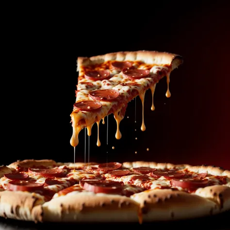 pepperoni pizza slice flying against a red background,[ in the style of sabattier filter, high detailed, light red, dynamic and dramatic compositions, shot on 70mm, kimoicore, iso, detailed, dripping cheese and sauce, liquid explosions, product promotional conceptual photography, (cinematic atmosphere), RAW photo shot by dslr Fujifilm XT3 depth of field bokeh soft lighting film grain photography Realistic photo-realistic Lifelike, detailed photo background, full sharp intricate 4k 8k quality resolution uhd extremely ultra texture]