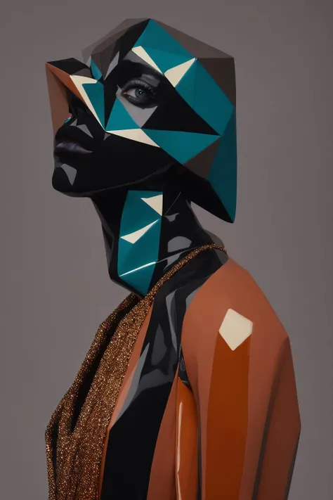 uhd, cinematic still of a [Serious female model:girl sasha luss, smokey eyes makeup:0.4], looking diagonally, dressed in extravagant and vanguardist clothing, plastic and latex materials, abstract geometric shapes, asymmetric techno ornaments, 4k, medium shot, cinematic photography, Iris van Herpen style, ( (Cool Tones),Amber_Teal,( (Muted) color_palette))