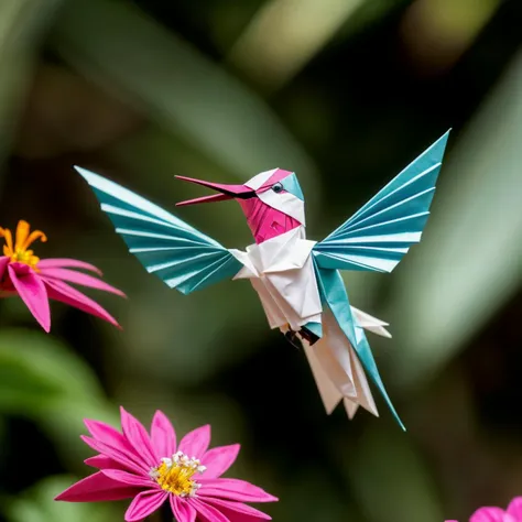 cinematic shot of beautiful origami hummingbird made of folded paper origami, feeding on exotic flower in lush forest, iridescent plumage, vibrant colors, lens flare, bokeh, high resolution