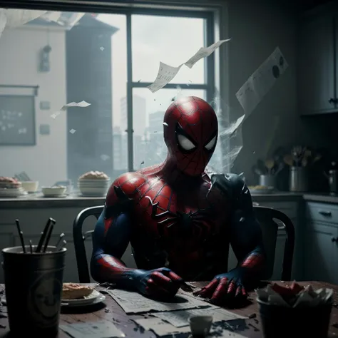 a haunted moody photo of spiderman sitting at the table surrounded by  messy kitchen,  [messy kitchen table with salads and giant towering piles of hamburgers,cup of coffee, steak on the table],[faded color palette],lots of (floating shredded papers and dust in the air), floating particles vfx, dreamy depth of field bokeh