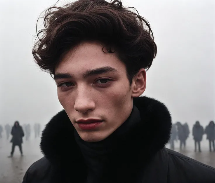 surrounded by the zombies crowded street full lot of zombie  in the background,closeup portrait fashion film photography outside abandoned street of paris, fashion model gorgeous face male ezra miller  sadistic smile ,wearing  coat blowing by wind (surrounded by the zombies),the fog drifts over the ground eerie misty atmosphere [by alessio albi], thought-provoking composition, depth of field,ilford delta colored film still