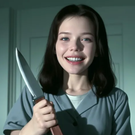 [[[wide angle cinematic film still restored from security camera]]], a  Misery girl by stephen king holding a knife, sadistic smile