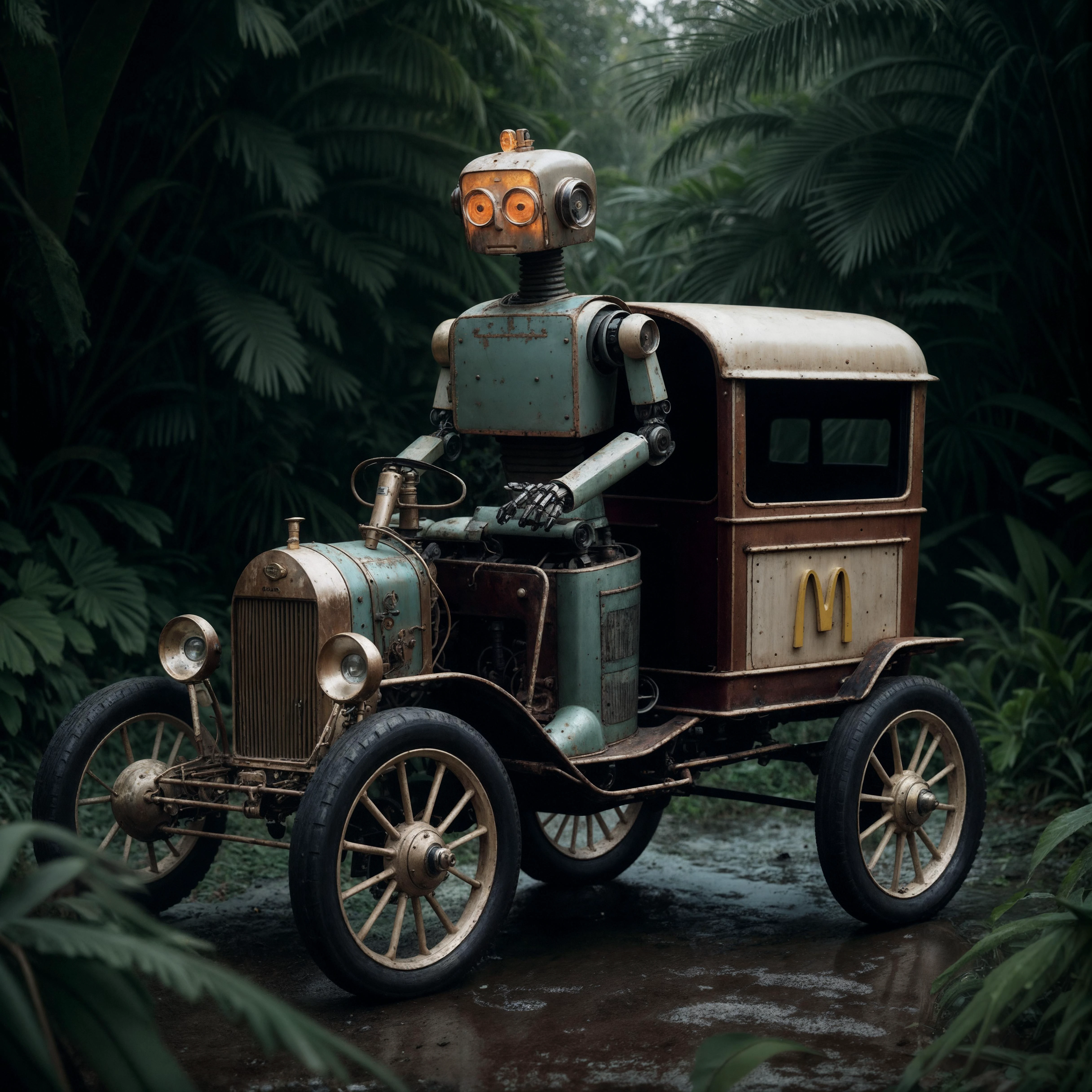 (a robot driver),[ man driving a car] a vintage coach brougham with a pair of galloping horses, vintage wooden coach on two wheels designed as McDonalds with McDonalds logo ,[[a daguerreotype  photo of 1860s XVI century, [[[highly detailed chest portrait of a robot wearing luxurious floral embroidered jacket]]]]], [[[ a rust robot face detailed with cables and wires in style of daguerreotype colorized photo]]], [[[rainy [jungles of ecuador] [full of palms] and [wet plants] dripping depth of field creamy bokeh alien glowing plants by alessio albi]]]