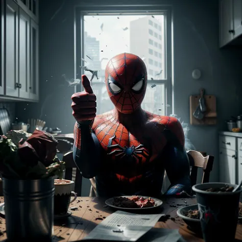 a haunted moody photo of spiderman (showing thumb up) sitting at the table surrounded by  messy kitchen,  [messy kitchen table with salads and giant towering piles of hamburgers,cup of coffee, steak on the table],[faded color palette],lots of (floating shredded papers and dust in the air), floating particles vfx, dreamy depth of field bokeh