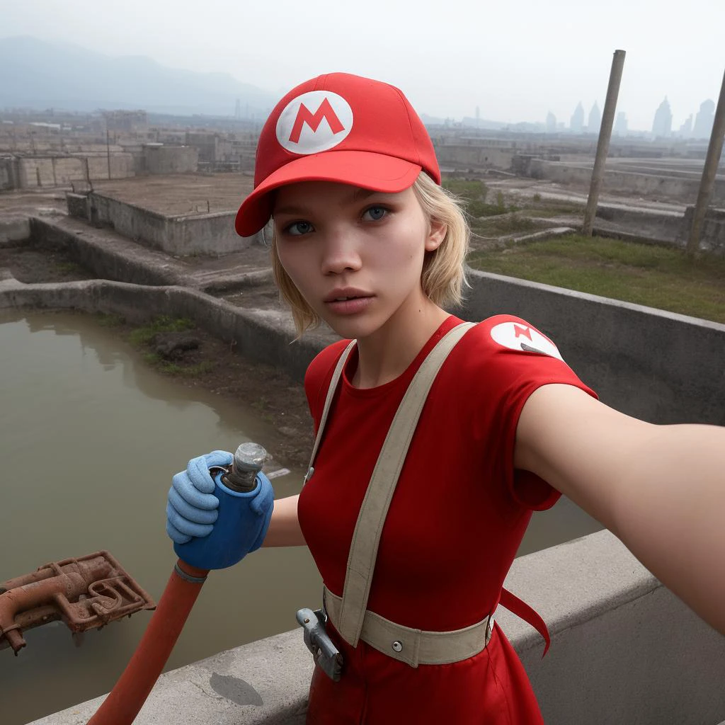 a girl sasha luss dressed as mario from nintendo, dystopian city in the background, selfie, a plumber repairing rusty water pipe with flowing water