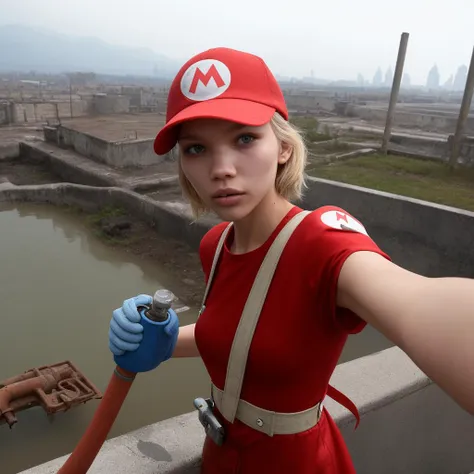 a girl sasha luss dressed as mario from nintendo,  dystopian city in the background, selfie, a plumber repairing rusty water pipe with flowing water