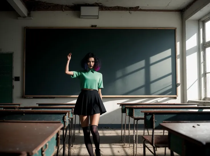 (8k uhd,by alessio albi, dusty depth of field,detailed,(35mm expired film sovietwave),creamy bokeh depth of field dreamy tilt shift,commercial photo the pretty instagram fashion model (elf) (goth) (punk) posing, in the style of colorful geometrics, guy aroch, helene knoop, glowing pastels, bold lines, bright colors, sun-soaked colours, Fujifilm X-T4, Sony FE 85mm,((sasha luss,alessio albi)) ,((interior of abandoned classroom  chinese middle school, chalk board with glif glifs)),[detailed ambient,background_details]), cinematic lighting, 8k, epic scene, hyper realistic, focused, high details, unreal engine 5, cinematic, Controversial composition, Chaotic composition, volumetric lighting, HDR,by antonio j. manzanedo,  style of mohrbacher, amano, satoshi kon, brian sum ,exposure blend, bokeh, cinematic look, rim light,  soothing tones, hyperdetailed, low contrast, soft cinematic light, dim colors, faded, fujifilm, hyperrealism, sharp