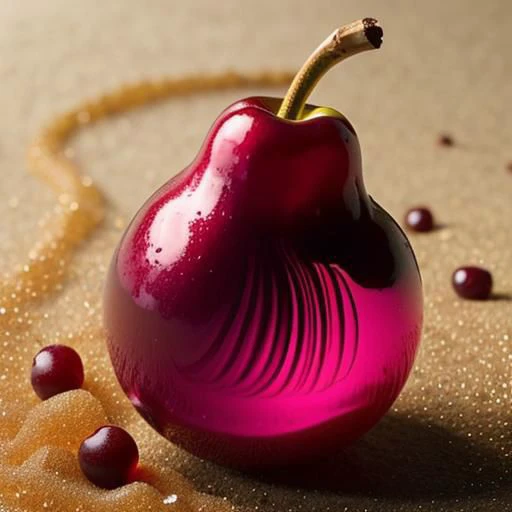 pear made of clear candy, micro, focus, cherry juice, golden sand