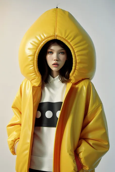 [[studio photo cinematic film still, gradient blank background]], [[a model wearing oversized air-puffed jacket]],(abnormal giant sized jacket made from neon jacket hood abstract shaped inside of jacket), global illumination