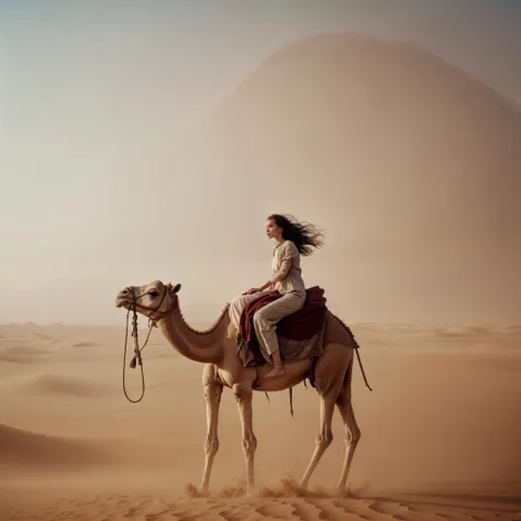 a woman on the top of a camel  in desert in a sandstorm, colossal tornado in a desert on the background, [[beige pastel color photo]] by alessio albi