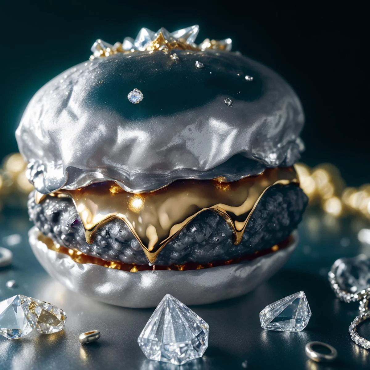 cinematic film still mouth-watering product photo, attractive tasty (hamburger ((made from golden jewelry,silver,crystal,liquid platinum))) in whole it's glory, dreamy magic depth of field bokeh by alessio albi