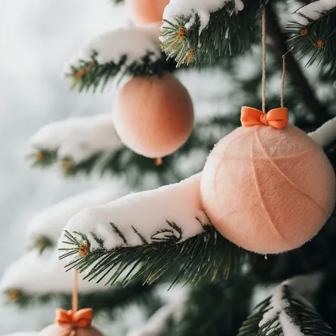 in the middle of snowy jungles of ecuador full of snow stormy weather, closeup photo of christmas tree decorated with fur furry wool and fur, Peach Fuzz fur