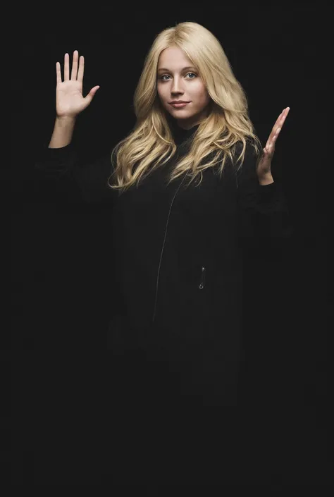 blond female in a dark theme waving goodbye