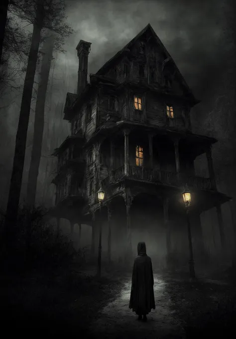 dark shot, epic realistic, a person standing in front of a huge towering creepy house, detailed 4k horror artwork, eerie nostalgic concept art, digital horror artwork, the house in the forest, horror image, horror film, stunning fantasy horror, horror concept art, scaring, dark fantasy horror, eerie art style, horror poster, haunted house, horror cgi 4k, dark eerie pic, dark and scary, faded, neutral colors, hdr, muted colors, hyperdetailed, cinematic, warm lights, dramatic light, intricate details, complex background, rutkowski, pastel, vignette