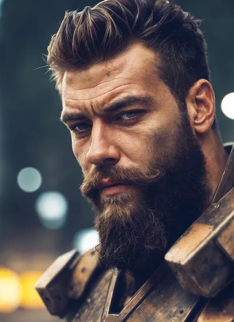 close up Portrait photo of muscular bearded guy in a worn mech suit, ((light bokeh)), intricate, (steel metal [rust]), elegant, sharp focus, photo by greg rutkowski, soft lighting, vibrant colors, masterpiece, ((streets)), detailed face