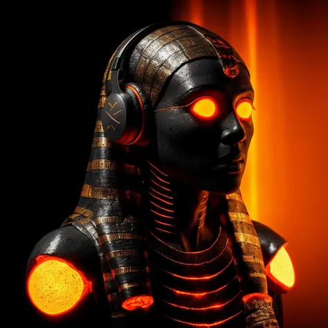 An Egyptian mummy with headphones, adorned with glowing orange eyes, is dramatically illuminated with rim lighting, casting a haunting and mysterious aura, as the shimmering light outlines the ancient bandages, bringing an eerie and captivating presence to the enigmatic figure from the past.