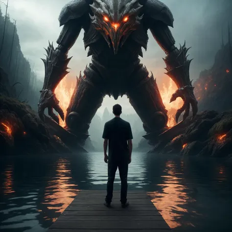 A man standing on a dock looking at a giant monster - SeaArt AI