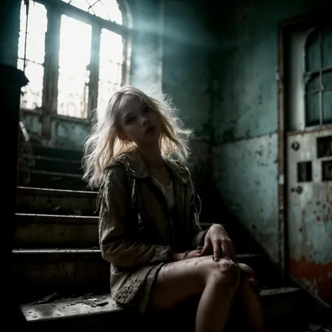 photo of a sad girl sasha luss sitting on a stairs indoor of an abandoned hospital full of medical devices and wired e-waste, haunted messy atmosphere of abandon place, eerie natural light beams entering through the windows, dusty depth of field,selective focus