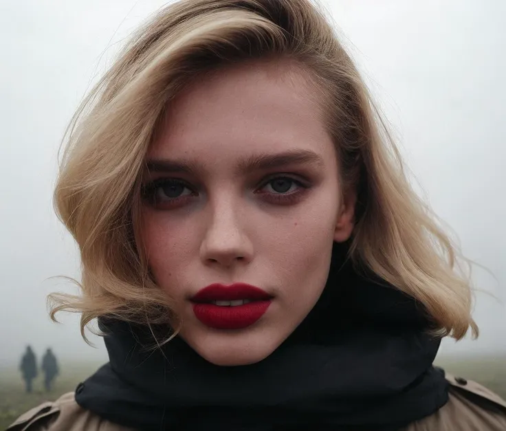 surrounded by the zombies crowded street full lot of zombie  in the background,closeup portrait fashion film photography outside abandoned street of paris, fashion model gorgeous face female sasha luss sadistic smile ,wearing  coat blowing by wind (surrounded by the zombies),the fog drifts over the ground eerie misty atmosphere [by alessio albi], thought-provoking composition, depth of field,ilford delta colored film still