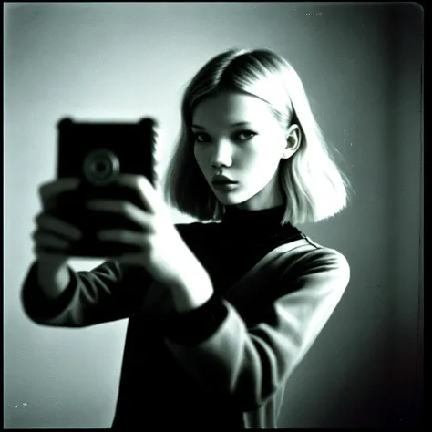 analog grainy film photography sovietvawe sovietcore very dull haunted and creepy dark glitchy colorless tones photo of a attractive girl sasha luss taking selfie