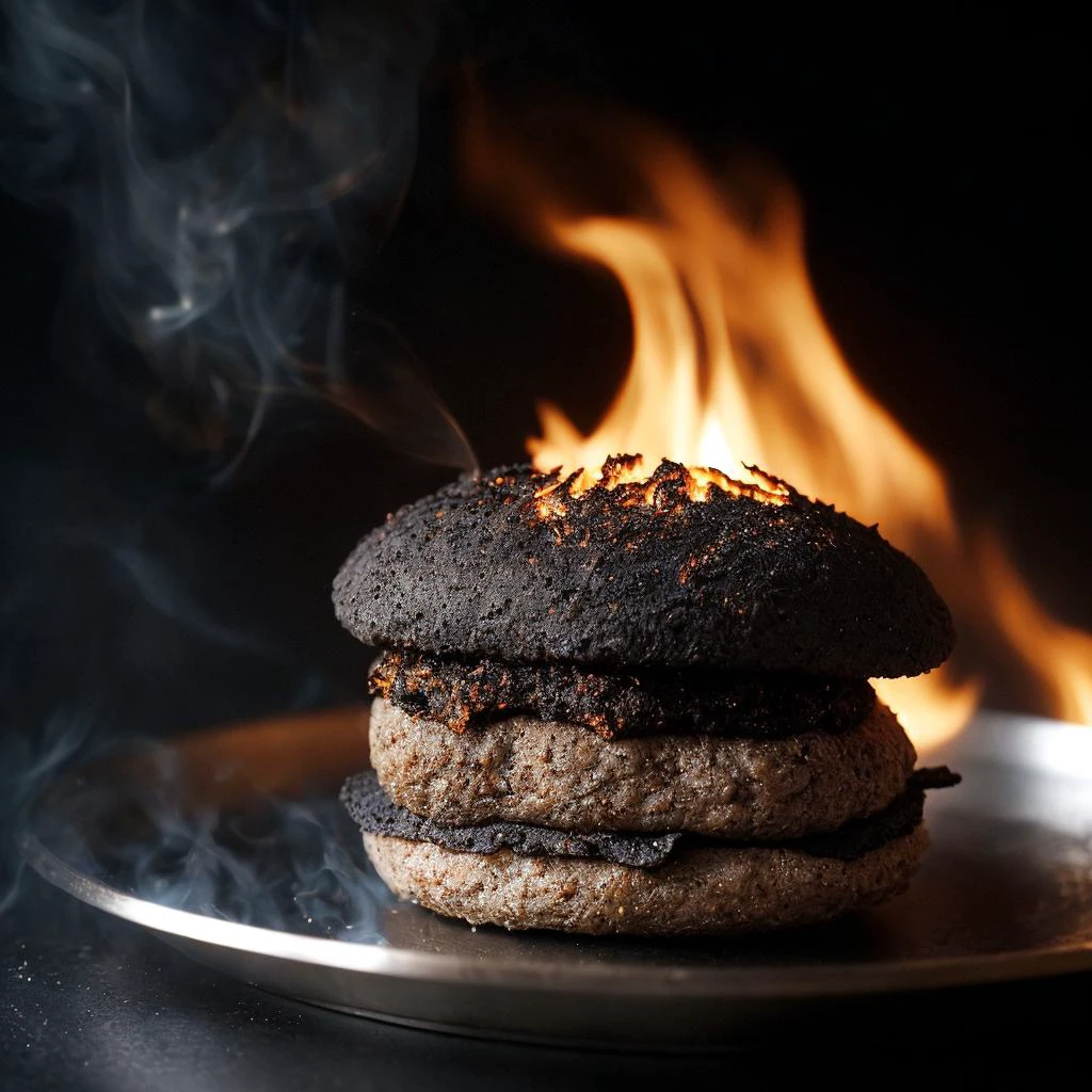 8k, uhd,depth of field,detailed,(burning, fire, flaming, hot, glowing),8k uhd,by Alessio Albi, dusty particles depth of field,detailed ,rembrandt lighting, muted colors,soothed sepia color grading tones , on a silver metal platter surrounded by mist and fume smoke, a luxurious hamburger ash burned to black.
(In the image, there is a well-crafted hamburger burned to ashes and dust, displaying a golden-brown crust with visible scores along its length. The interior reveals a soft, airy texture, creating a delightful contrast to the crispy exterior.) (burning, fire, flaming, hot, glowing)