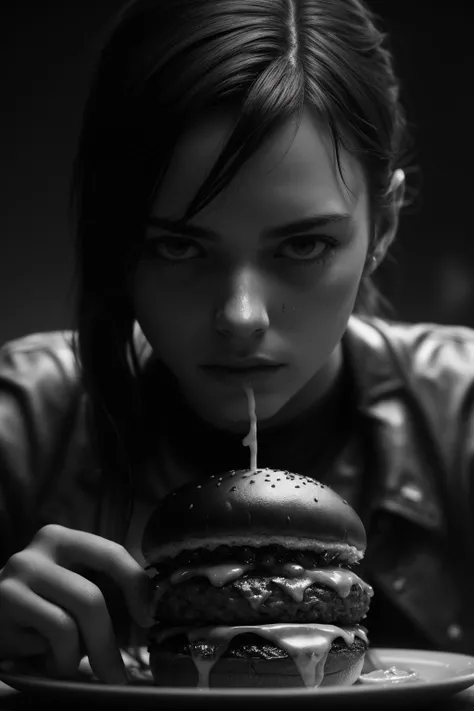 8k uhd,by alessio albi, dusty depth of field,detailed, A burger falling in pieces juicy, tasty, hot, promotional photo, intricate details, hdr, cinematic, adobe lightroom, highly detailed,( detailed ambient,intricate_air, background_details ), (Noir), black and white , detective , crime , mystery