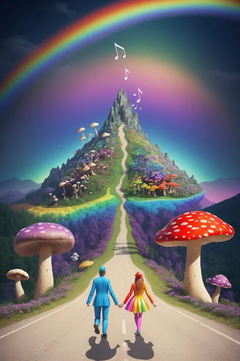 surreal psychedelic musical dreamscape, photorealistic 3D rendering, happy creatures walking and flying, colorful mushrooms and plants, music notes and pianos and saxophones and guitars, mountains and roads, rainbows, vibrant color palette