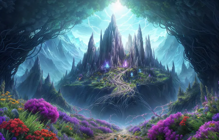 emotional thought-provoking composition, wide able magnificent colored parallax layers, incredible landscape full of fluid ferromagnetic flowers and trees, crystals, wires, cluttered balanced symmetry, color accents