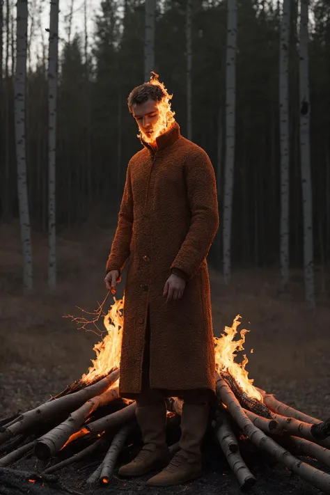 8k, uhd,depth of field,detailed,(burning, fire, flaming, hot, glowing),8k uhd,by Alessio Albi, dusty particles depth of field,detailed ,a photo of a man made of birch with birch log bark (burning, fire, flaming, hot, glowing)