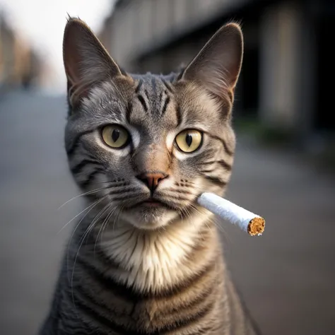 A dirty, bewildered cat with a bewildered expression on its face and a cigarette in its mouth, looking into the camera captured from a wide angle perspective.