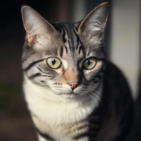 A dirty bewildered cat with a bewildered expression on its face and a cigarette in its mouth [shocked]  , looking into the camera captured from a wide angle perspective