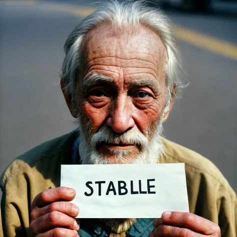 (holding a piece of paper with large letters word ("STABLE")), closeup portrait detailed,a homeless elderly man sitting on a ground in the street, editorial photography taken on kodak portra
