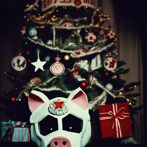 analog grainy film photography sovietvawe sovietcore very dull haunted and creepy dark glitchy colorless tones photo of a sailor moon wearing pig mask posing against christmas tree