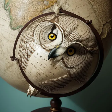 hdr film still lifelike textures,globe dressed as owl,(owl:1.2) shaped globe