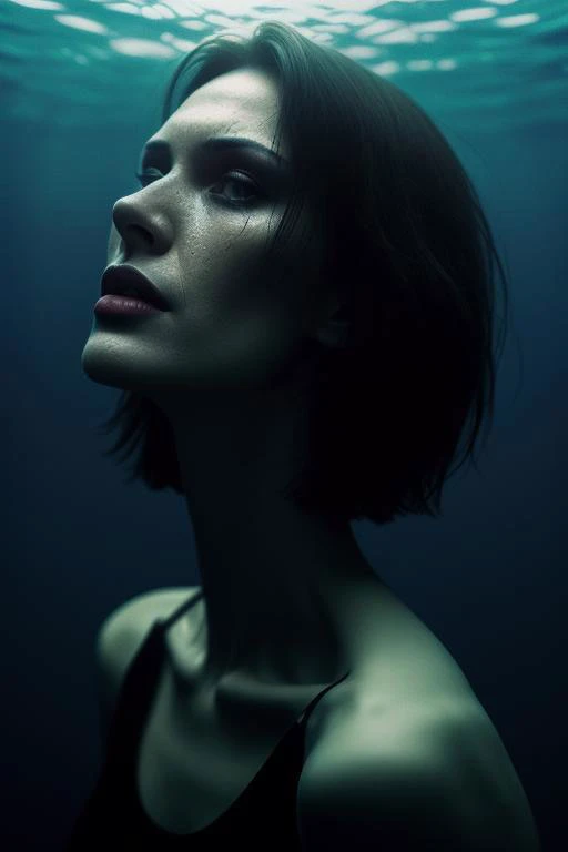 (photograph, hyperrealism, masterpiece, 8k:1.3), 1girl, Lithuanian, slender, nsfw, convict costume, bob cut hair, surprised, Underwater Lighting, A dreamlike, blue-tinted illumination for underwater scenes, adding a sensual touch, trending on Google Images, concept art, shot by diane arbus, wide angle, wide shot, cowboy shot