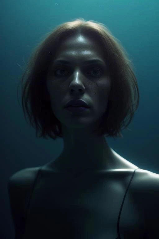 (photograph, hyperrealism, masterpiece, 8k:1.3), 1girl, Lithuanian, slender, nsfw, convict costume, bob cut hair, surprised, Underwater Lighting, A dreamlike, blue-tinted illumination for underwater scenes, adding a sensual touch, trending on Google Images, concept art, shot by diane arbus, wide angle, wide shot, cowboy shot