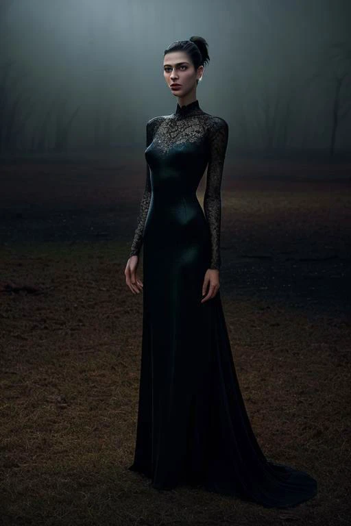 (photograph, hyperrealism, masterpiece, 8k:1.3), 1girl, Azerbaijani, skinny, nsfw, evening gown, undercut pixie hair, sad, Ethereal Lighting, Soft and otherworldly light, ideal for fantasy and romantic elements, trending on DeviantArt, concept art, shot by cindy sherman, straight-on, full body