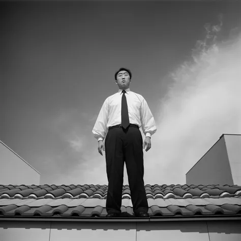 mamiya archive japanese film photography, office worker shirt and tie standing on the edge of the roof almost falling, photo behind the man wide angle, thought-provoking dynamic dramatic composition