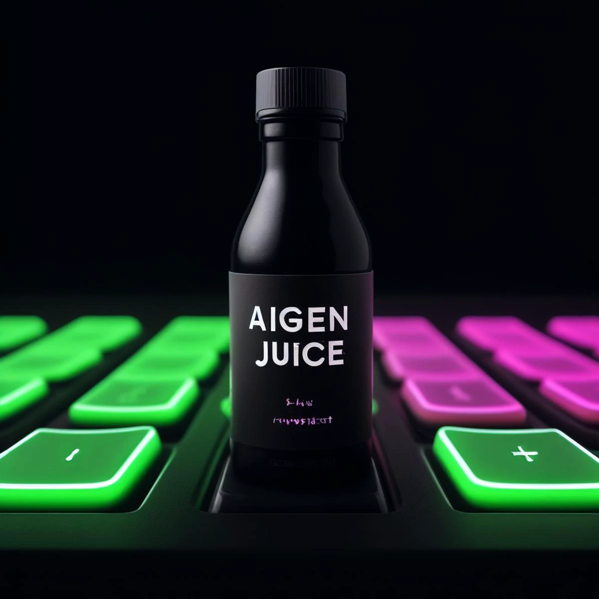 product photo of bottle of programming flavored juice with label text "AiGen", keyboard and neon aesthetic, dark background, minimalist