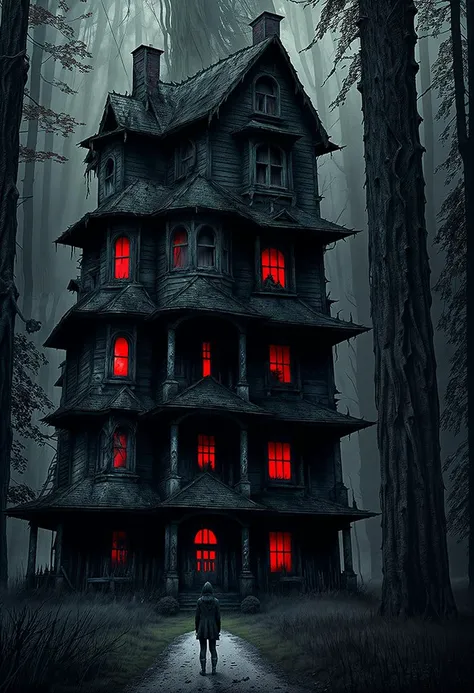 a person standing in front of a creepy house, detailed 4k horror artwork, eerie nostalgic concept art, digital horror artwork, the house in the forest, horror image, horror film, stunning fantasy horror, horror concept art, scaring, dark fantasy horror, eerie art style, horror poster, haunted house, horror cgi 4 k, dark eerie pic, dark and scary