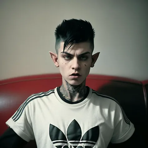 a photo dynamic emotional portrait of elf thug goth punk faux hawk emo hairstyle,(big adidas logo on tshirt),analog film grainy still sovietwave ussr restored footage, indoor den large sofa and glowing tv set emerging from smoked mist, a portrait of young angry thug elf boy standing right in front of you,wearing sporty, , battle pose