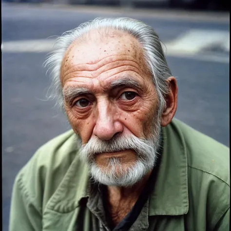 closeup portrait detailed,a homeless elderly man sitting on a ground in the street, editorial photography taken on kodak portra