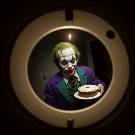 uhd, cinematic still of a (peephole, wide angle view from door peephole), a joker wearing dirty cloth and holding a cake with a candle in his hand, ( (Cool Tones:0.1),Amber_Teal,( (Muted:0.1) color_palette:0.1):0.1)