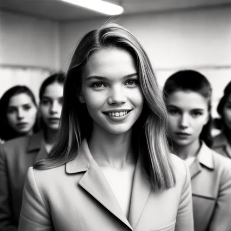 photo of a girl sasha luss indoor of a soviet school classroom, a crowded background with students and sport class,sadistic smile angry background, ilford delta 35mm film still , highly detailed, lifelike textures,depth of field,bokeh,dreamy bokeh