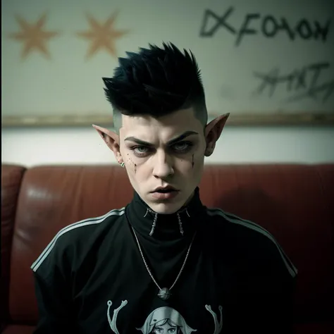 a photo dynamic emotional portrait of elf thug goth punk faux hawk emo hairstyle,analog film grainy still sovietwave ussr restored footage, indoor den large sofa and glowing tv set emerging from smoked mist, a portrait of young angry thug elf boy standing right in front of you,wearing sporty, adidas logo, battle pose