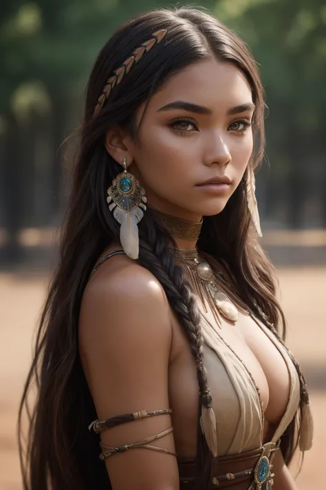 close-up photo, mdjrny-v4 style portrait photograph of Madison Beer as Pocahontas, young beautiful native american woman, perfect symmetrical face, feather jewelry, traditional handmade dress, armed female hunter warrior, (((wild west))) environment, Utah landscape, ultra realistic, concept art, elegant, ((intricate)), ((highly detailed)), depth of field, ((professionally color graded)), 8k, art by artgerm and greg rutkowski and alphonse mucha, depth of field, bokeh, soft light, centered, extremely detailed, Nikon D850, (35mm|50mm|85mm), award_winning_photography