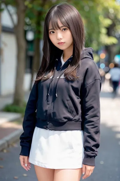 Best quality, masterpiece, ultra high res, raw photo, beautiful and aesthetic,deep shadow, dark theme,(photorealistic:1.4),
1girl, pantyhose, white pleated skirt, hoodie, slim body, fit,
Graceful poise, evocative atmosphere, magnetic presence, refined seduction, captivating mystique, 
Intricate zentangle patterns, a single female figure, astonishing level of detail, generously endowed, portrait composition, striking perspective, a chaotic masterpiece, gracefully poised, inspired by brutalist architecture, vibrant color palette, undertones,