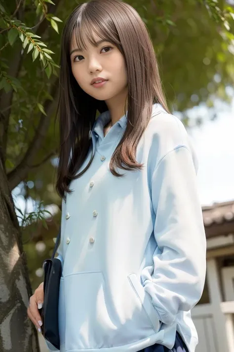 (skin blemish:1.2),1women, 28 yo, (((woman))), (skindentation), gorgeous, solo, realistic, best quality, photorealistic, masterpiece, 8k, high res, solo, extremely detailed face, cowboy shot,  (professional lighting, bokeh), (light particles, lens flare, glowing particles:0.6), (dynamic pose:1.2), soft lighting, top angle view, fashionable and trendy atmosphere, japan, tokyo, ((daytime)), ((looking at the viewer)), (looking at the camera),(portrait:0.6), standing,  (small breast:1), (long hair), brown hair, floating hair, nose, lips, lipstick, seductive smile, floating hair, mole, smile, teeth, open mouth, (mole under eye:1.2), sweater, jacket, skirt, school uniform,  arm stretch out, hand stretch out, <lora:SaitoA:0.8>