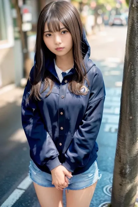 (skin blemish:1.2), (skindentation), black eye, 1woman, 25yo, (((woman))), solo, realistic,  best quality, photorealistic, masterpiece, 8k, high res, solo, extremely detailed face,  (professional lighting, bokeh), (light particles, lens flare, glowing particles:0.6), (dynamic pose:1.2), soft lighting, top angle view, fashionable and trendy atmosphere, japan, (street:1), tokyo, (city), river, ((nighttime)), sky,  ((looking at the viewer:1)), (looking at the camera),(portrait:0.6), cowboy shot, gorgeous, walking, keep original facial proportion, wide shoulder, full body,  (medium breast),  (long hair), brown hair, floating hair, lips, lipstick, seductive smile, floating hair, smile, open_mouth, teeth, eye ring, hoodie, hood, (school uniform:1), jacket, hood coat,  mole, (mole under eye:1),    <lora:SaitoA:0.9>